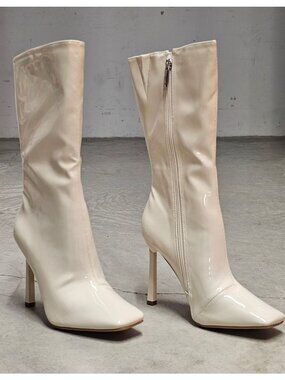 Off White Patent Leather Knee-High Stiletto Heel Boots With Side Zippers Square